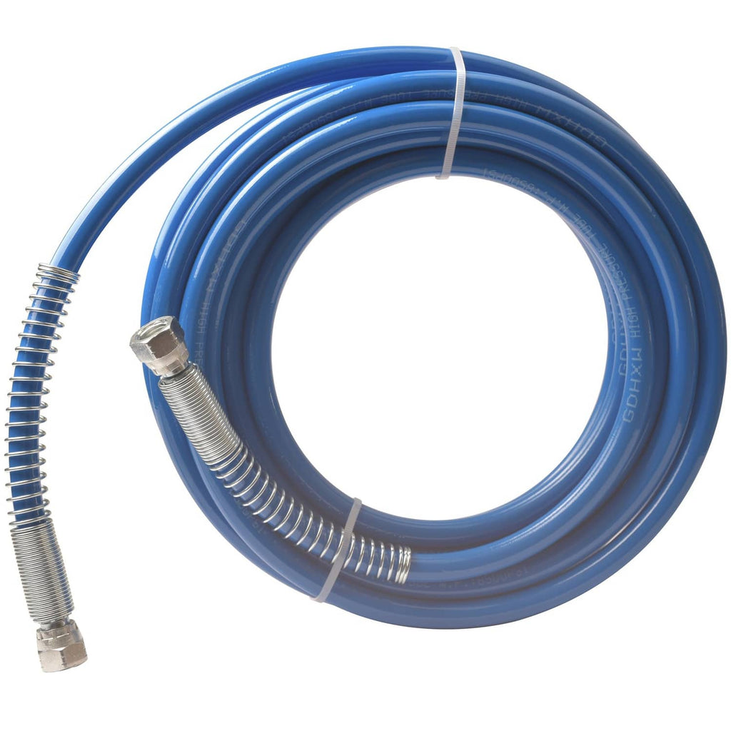 Blue braided airless spray hose, coiled length with metal end fittings