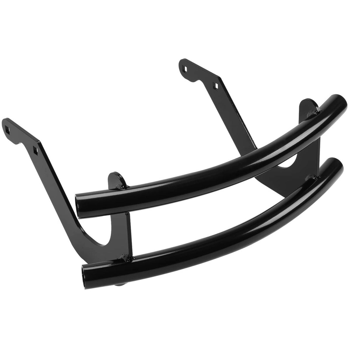 Black front bumper with curved tubular rails and end mounting plates