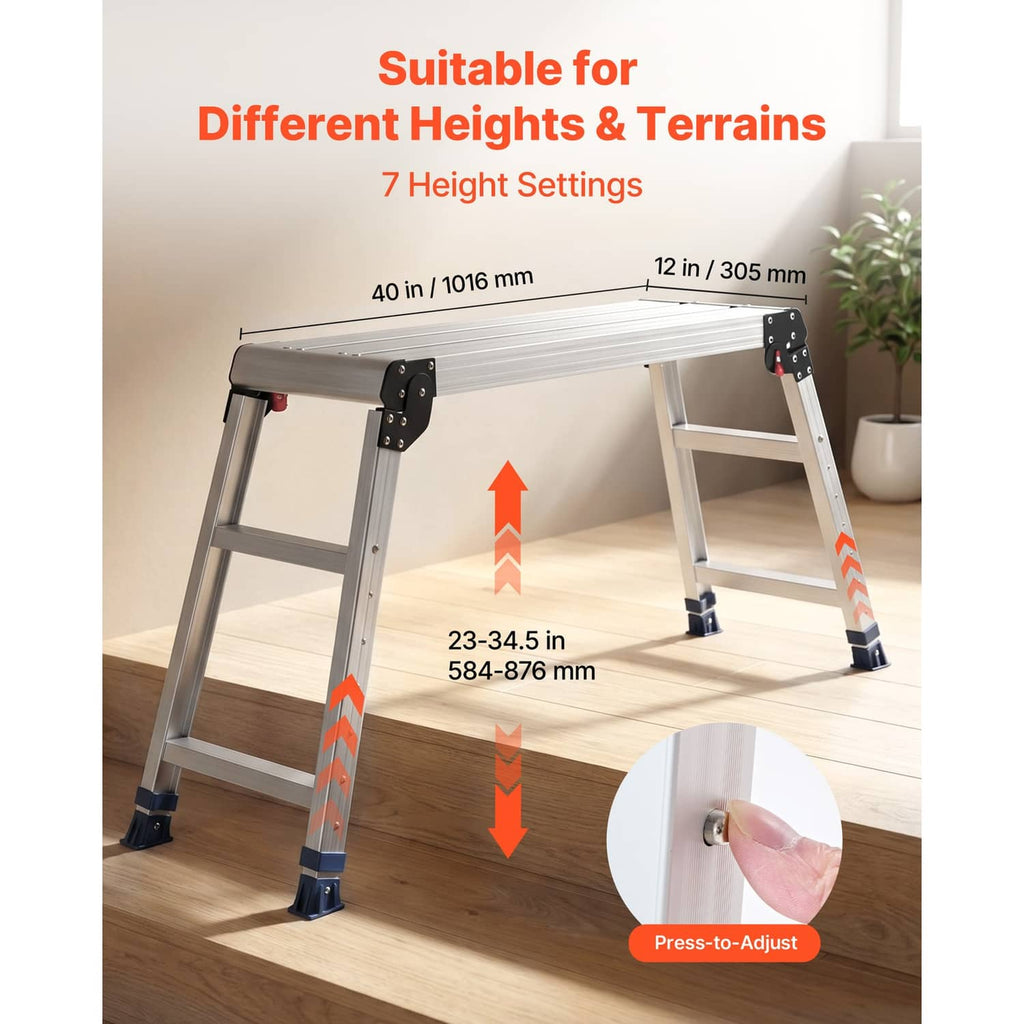 Adjustable height folding work platform stool, white aluminum, blue non-slip feet