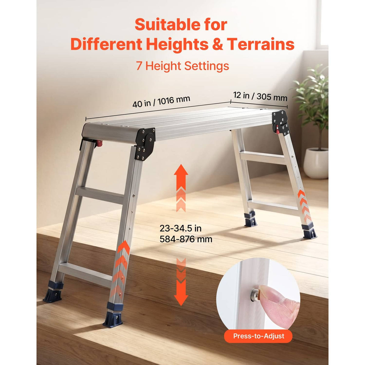 Adjustable height folding work platform stool, white aluminum, blue non-slip feet