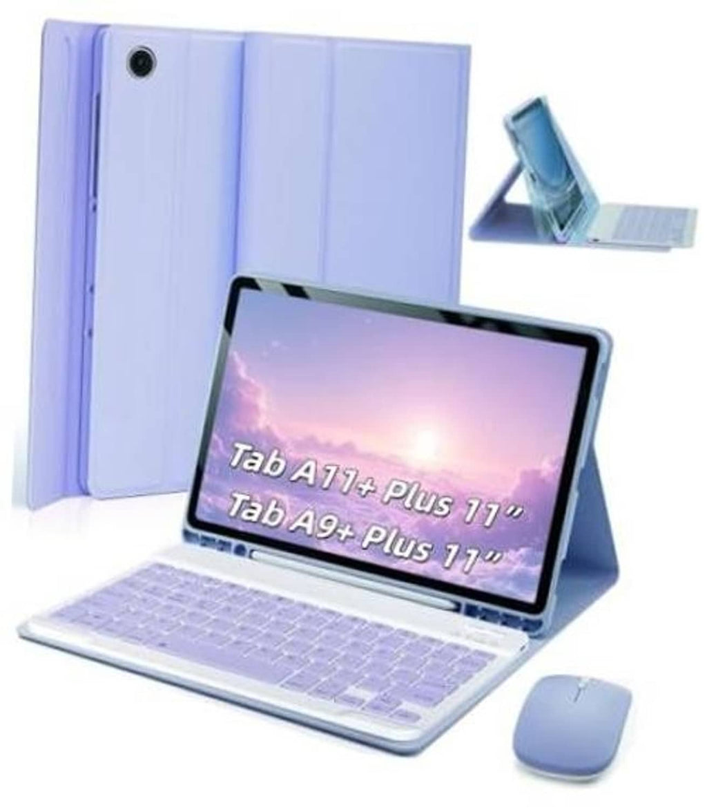 Purple folio keyboard case for 11-inch Samsung Galaxy Tab, with wireless keyboard attached