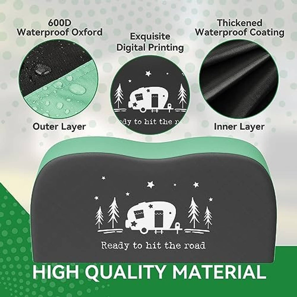 Black and green dual-axle tire cover fabric layers with camper graphic design