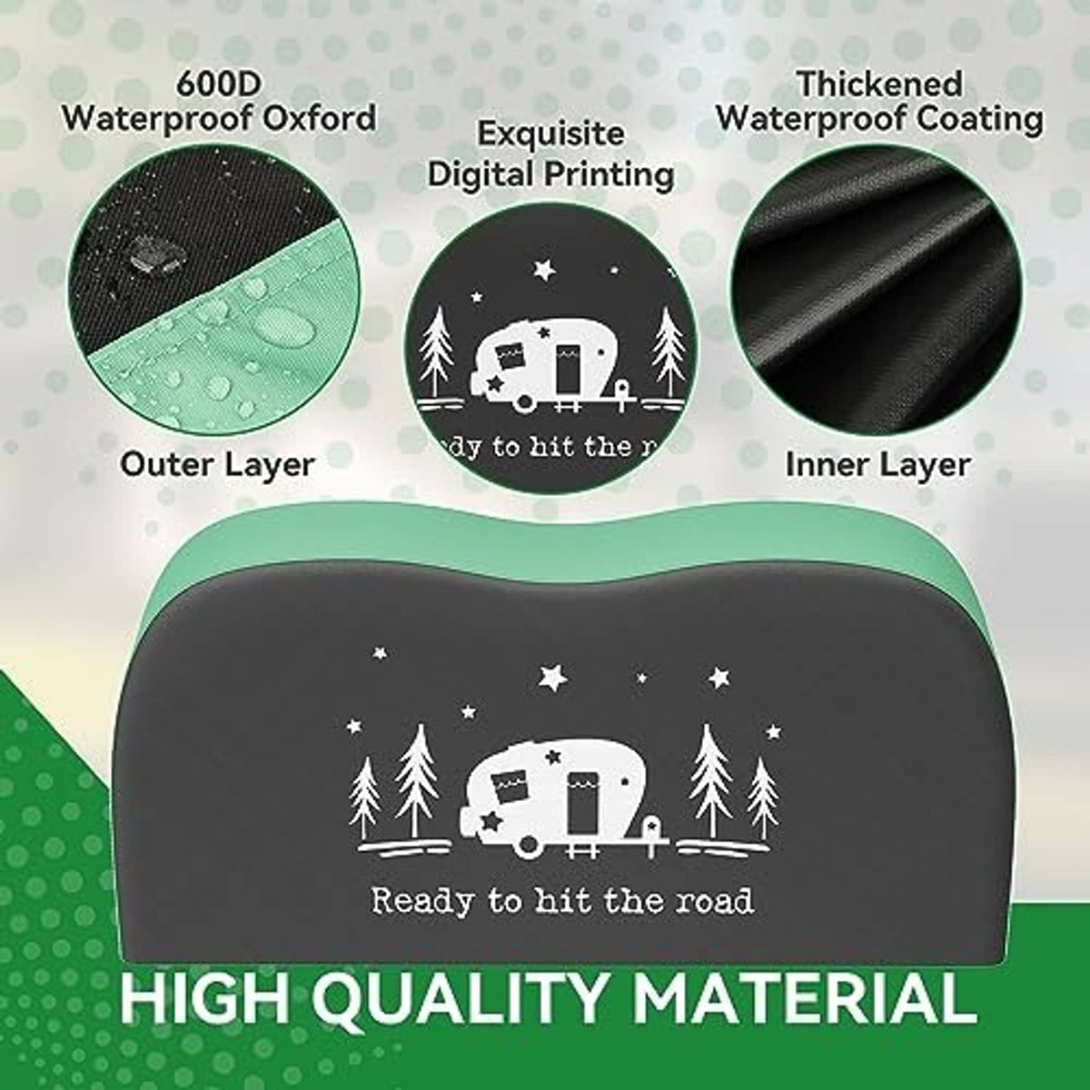 Black and green dual-axle tire cover fabric layers with camper graphic design