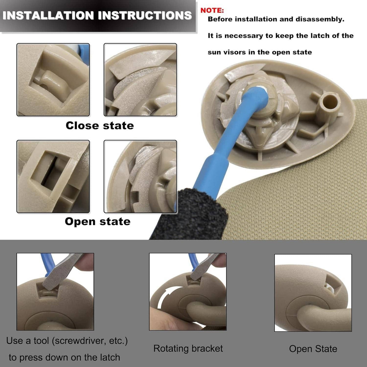 Beige left driver sun visor showing open and close latch mechanism