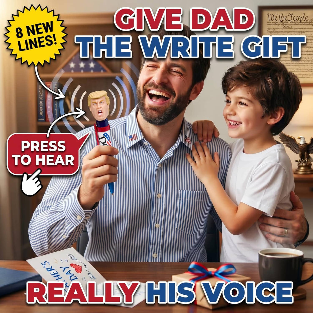 Novelty talking pen with blond caricature head held up in hand, red base