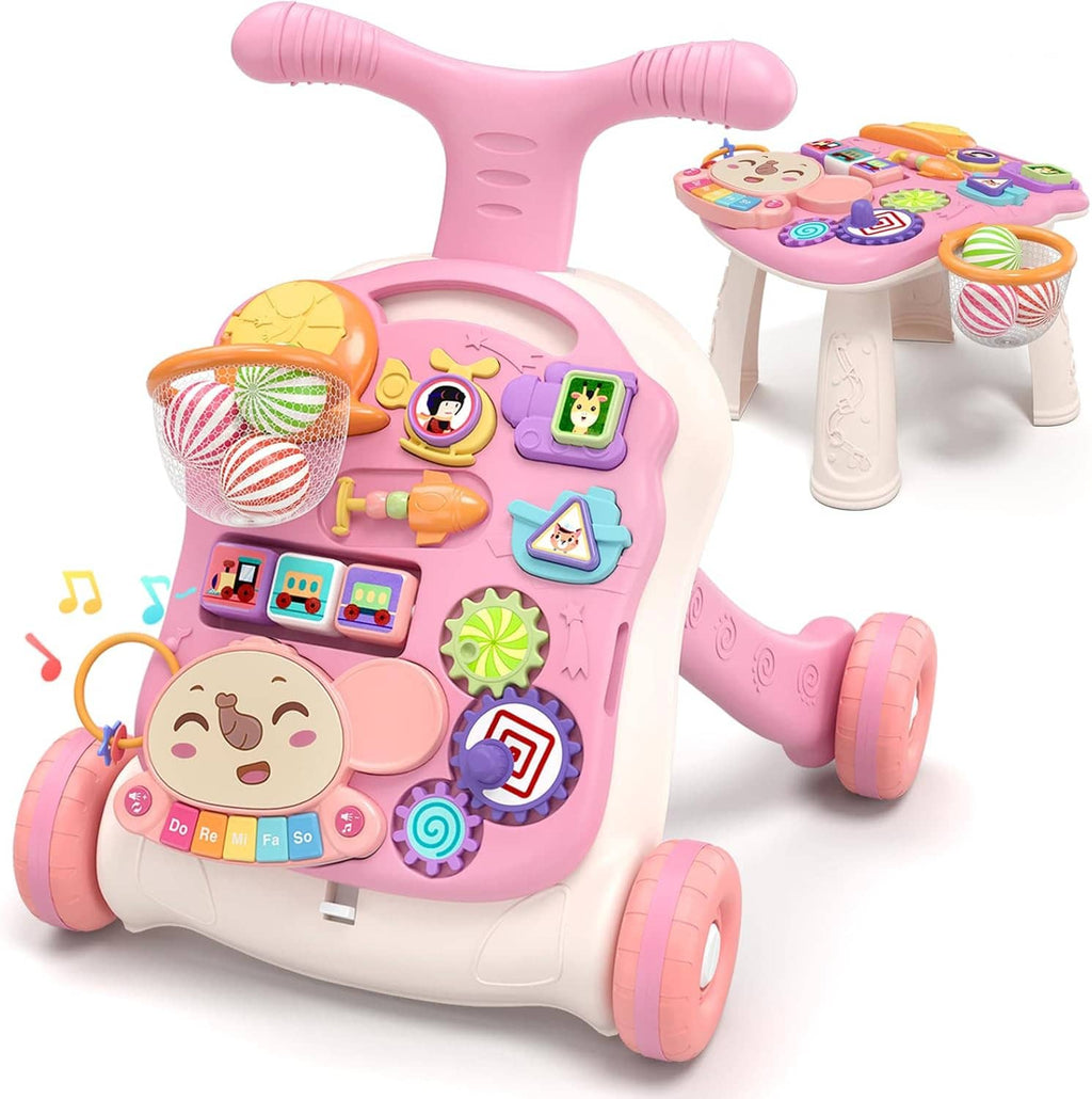 Pink baby walker activity center with musical learning panel, tray toys, and four wheels