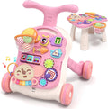 Pink baby walker activity center with musical learning panel, tray toys, and four wheels