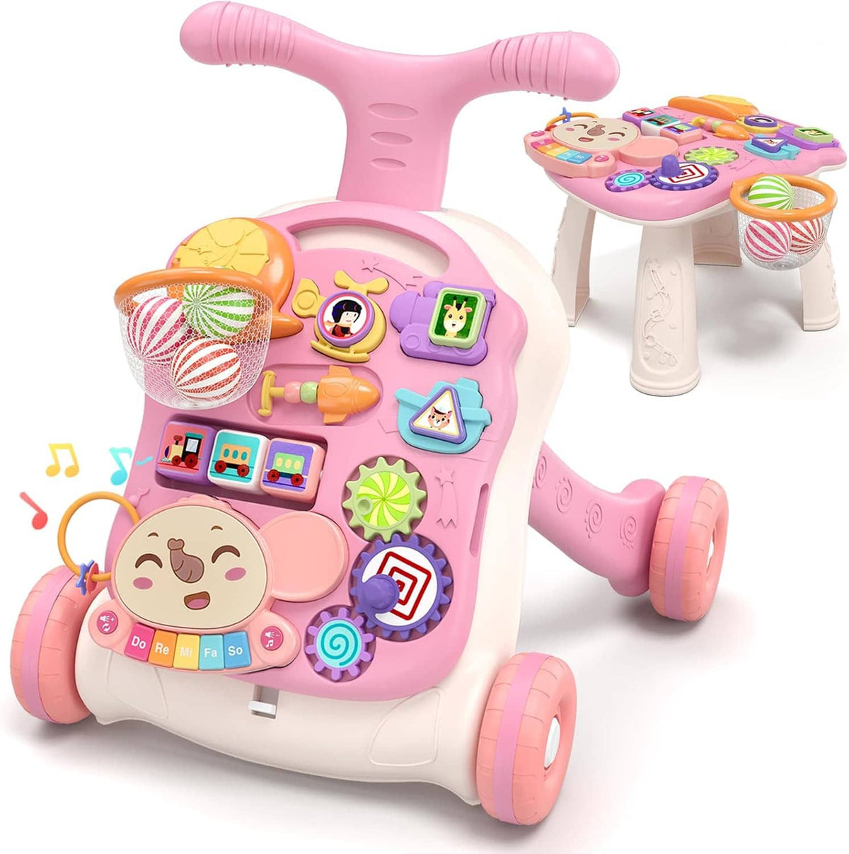 Pink baby walker activity center with musical learning panel, tray toys, and four wheels