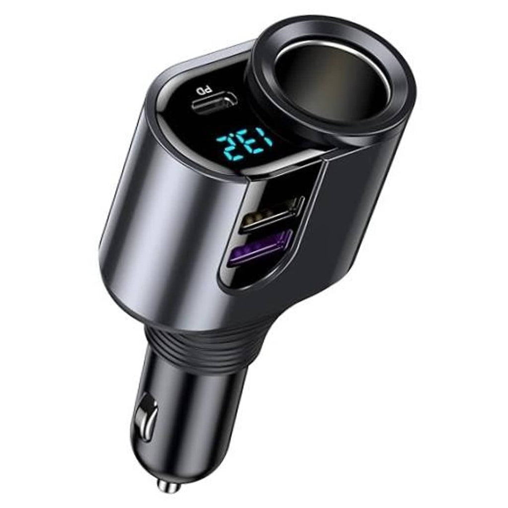 Silver car USB-C fast charger splitter with circular faceplate, blue LED screen, 3 ports