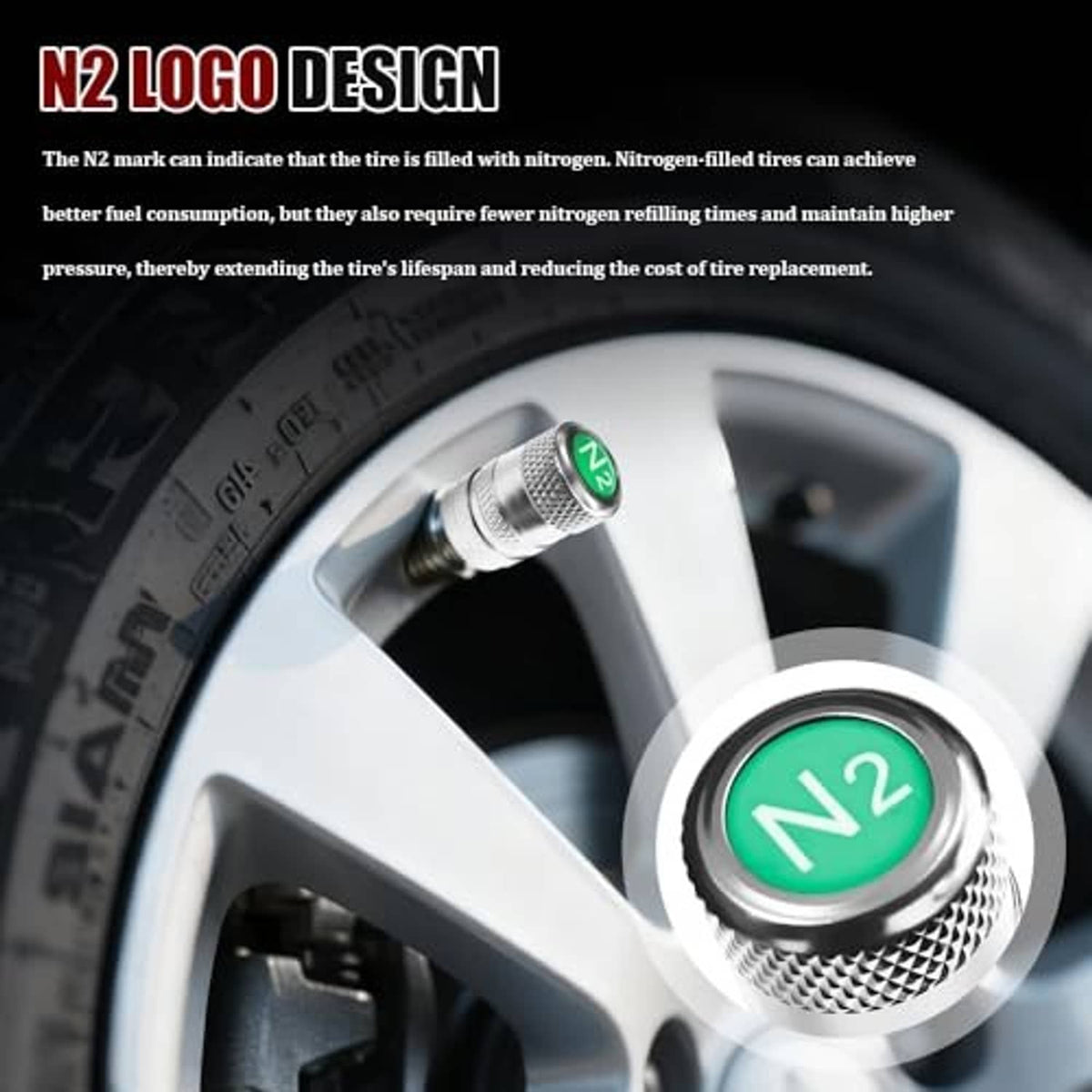 Single silver tire valve stem cap with green N2 top on a wheel rim