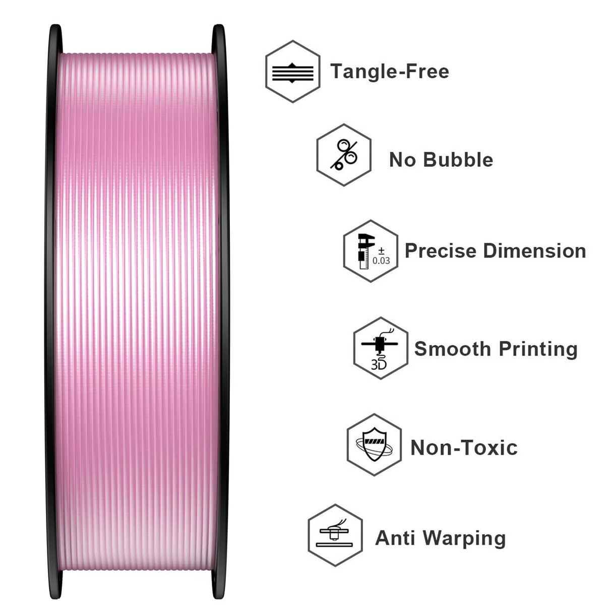 Pink silk PLA filament spool with ribbed filament texture and black reel flanges