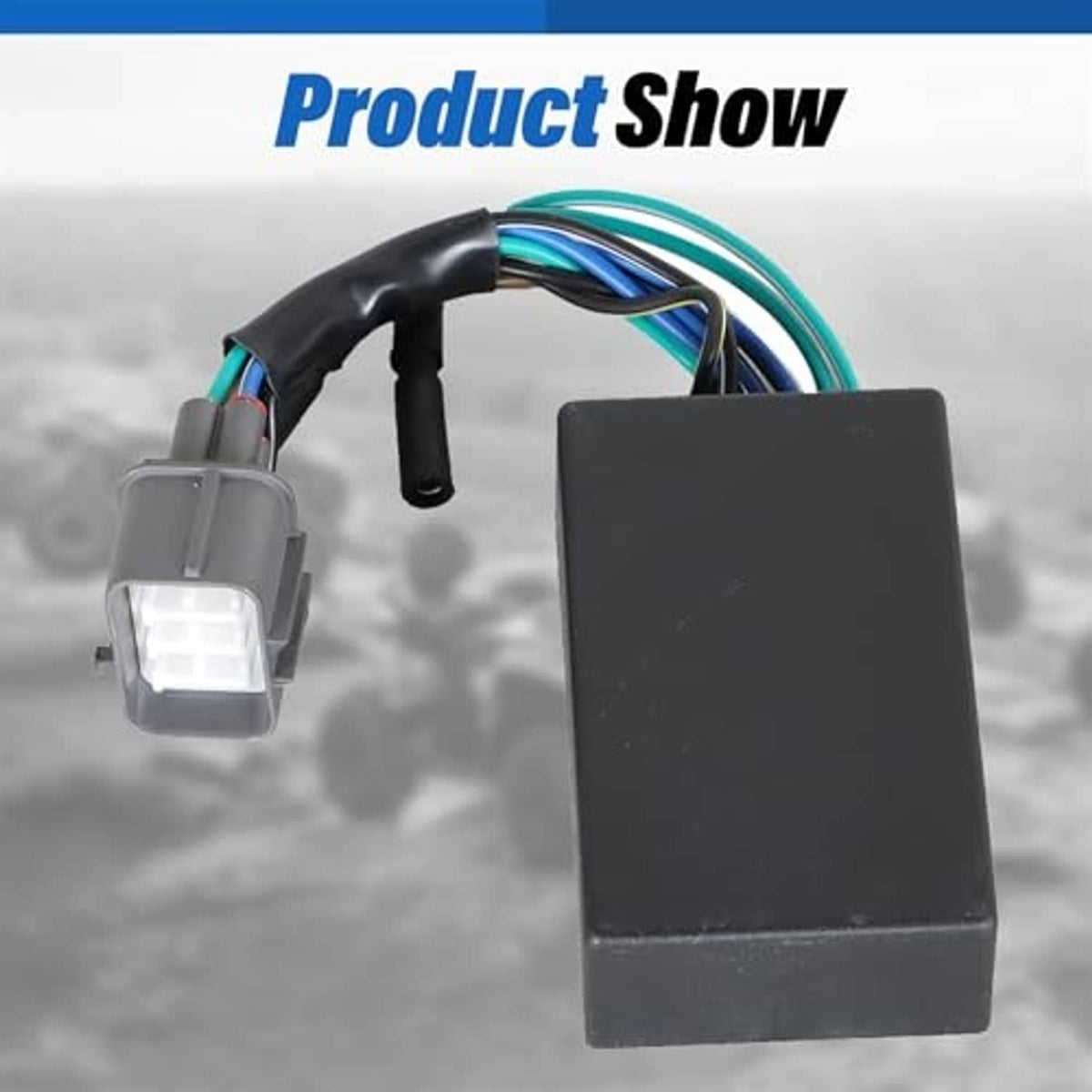 Black CDI box module with colored wire harness and gray electrical connector