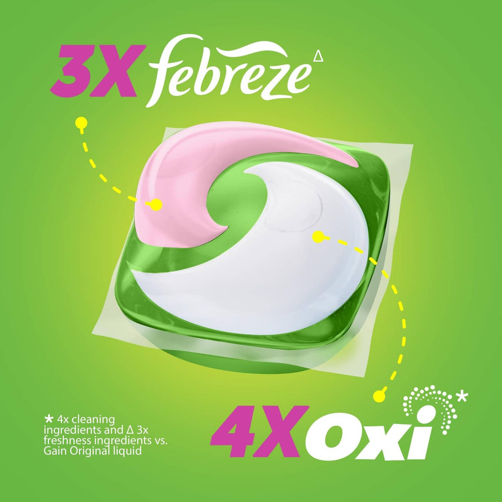Green-and-white laundry detergent pac with Febreze and 4X Oxi freshness graphics