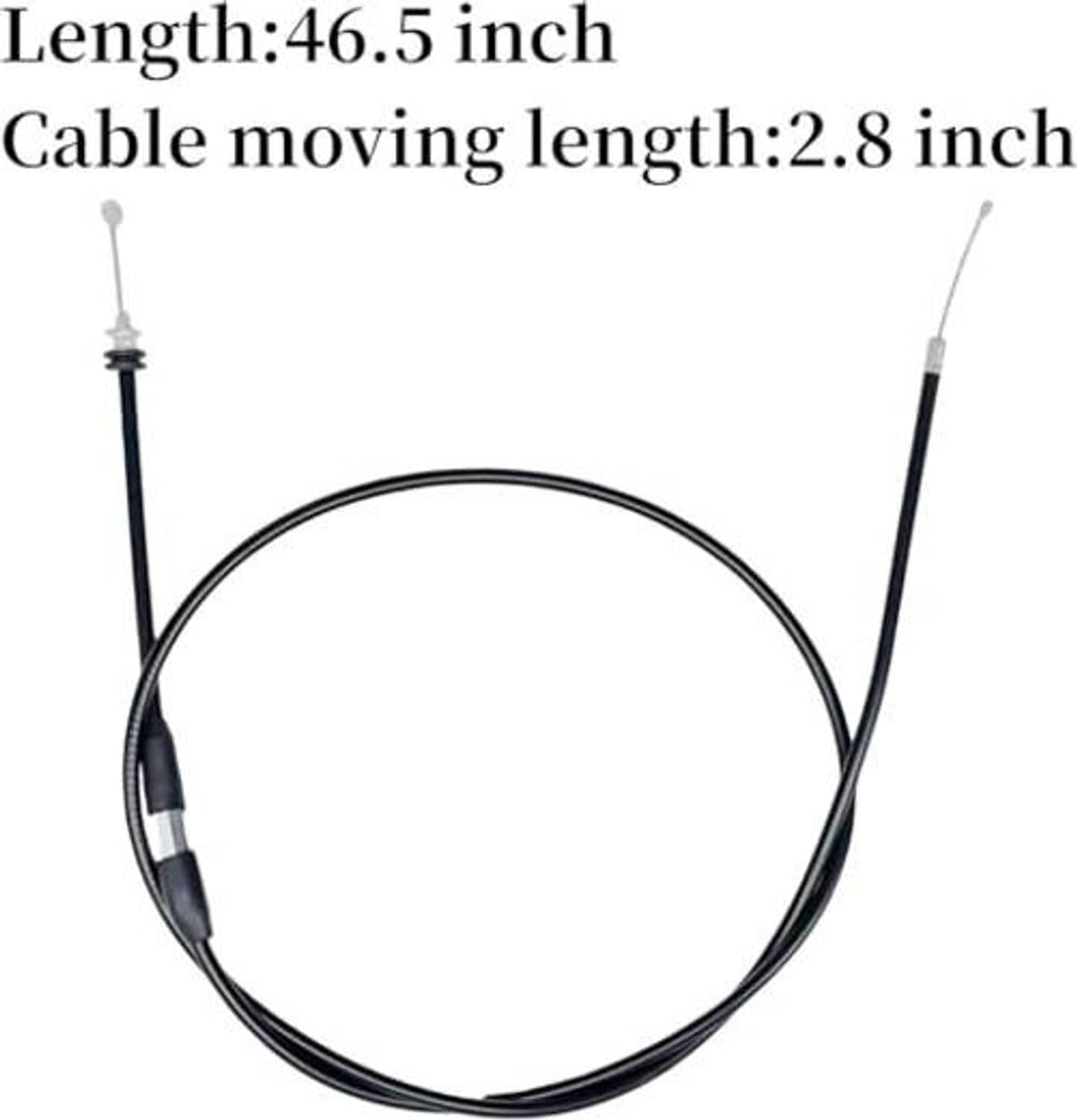 Black thumb throttle cable with silver adjuster ends; shows cable length measurements
