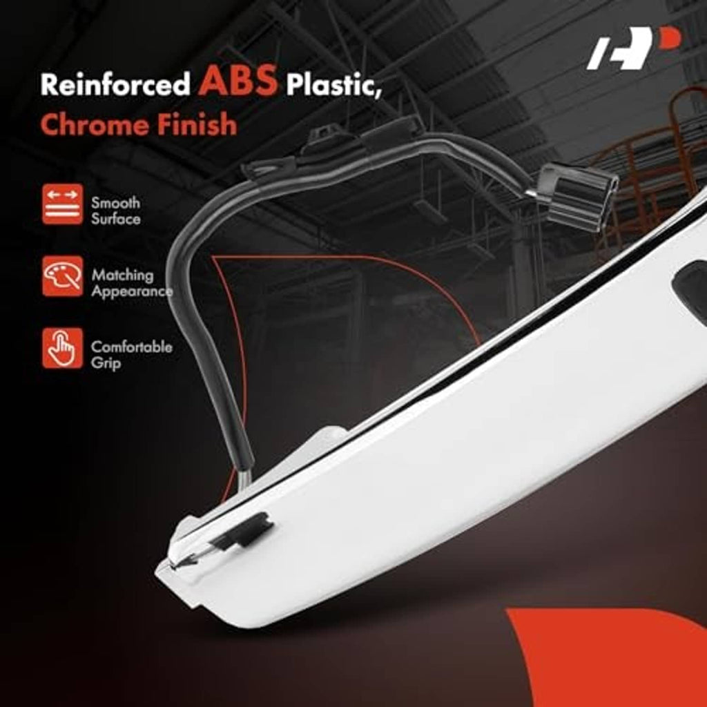 Front left exterior door handle close-up, silver body with key lock hole and chrome lever