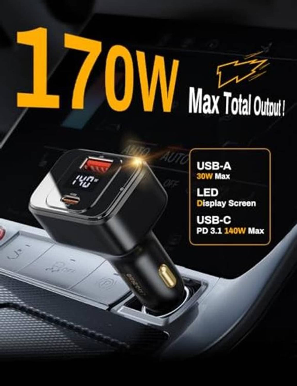 Compact black car charger with LED screen and gold connector pins, mounted in car