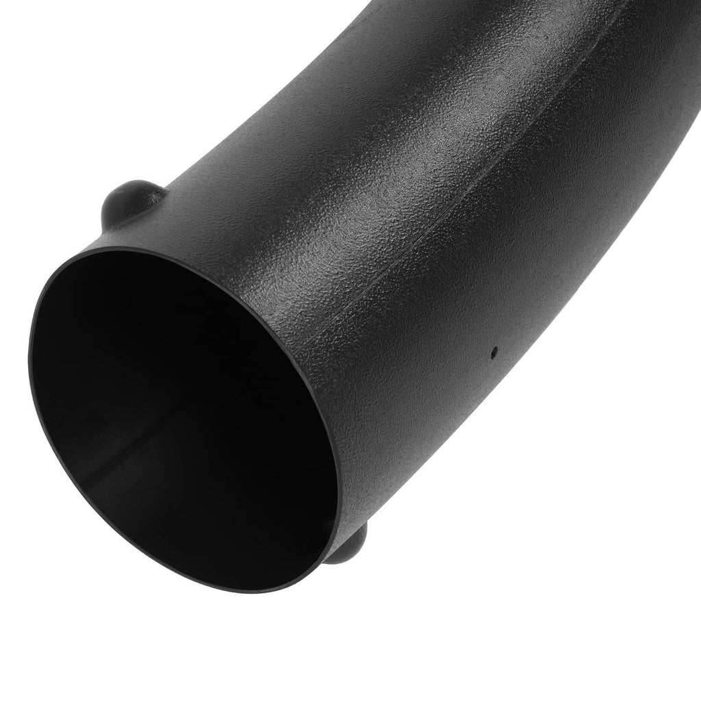 Black mower discharge chute end with open round intake and textured finish