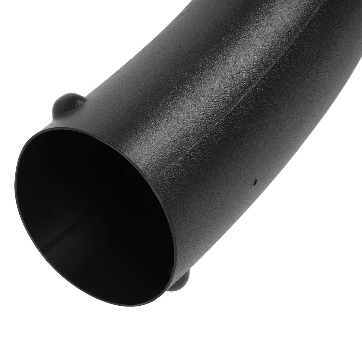 Black mower discharge chute end with open round intake and textured finish