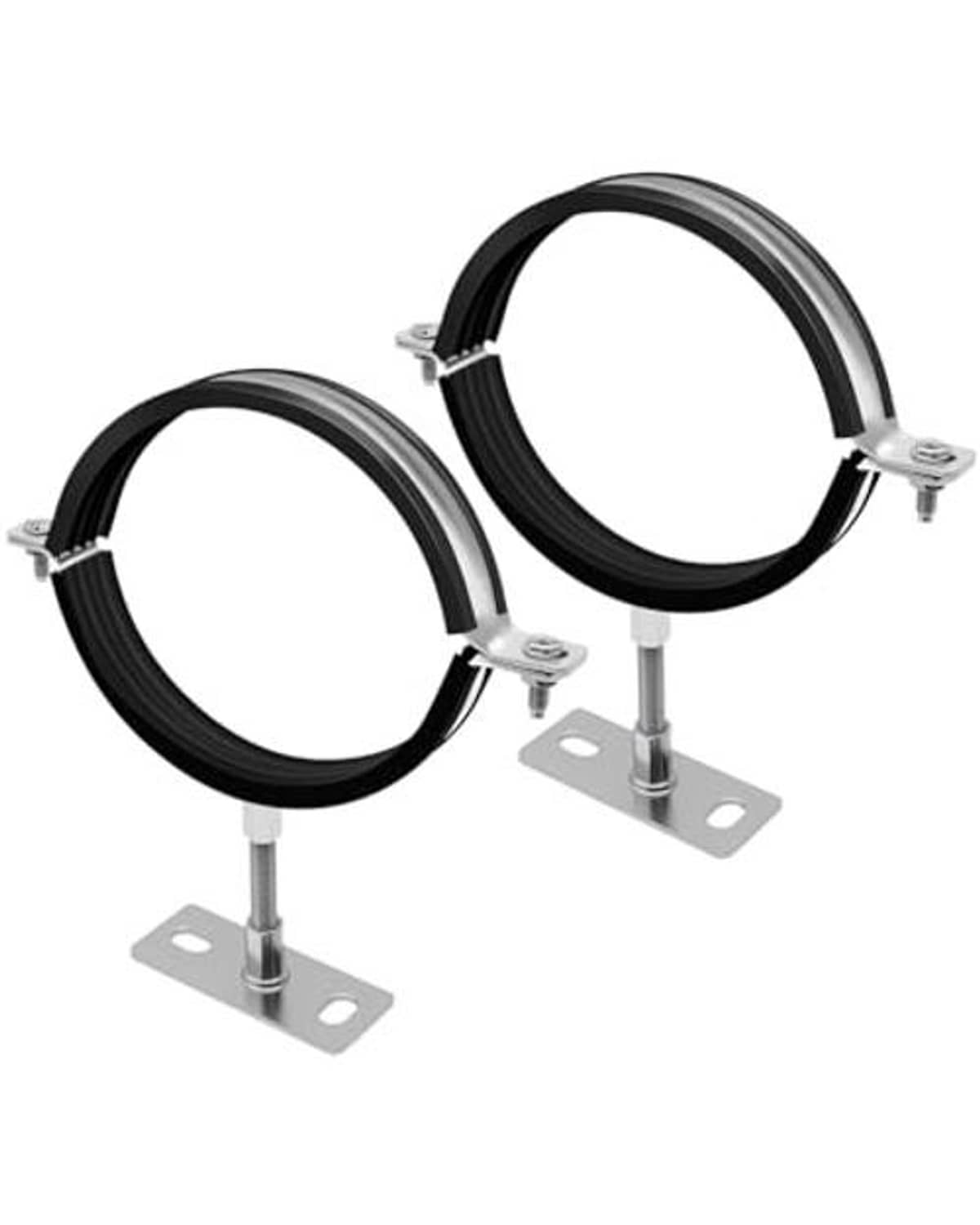 Two black split-ring pipe hanger clamps with adjustable screw posts and base plates