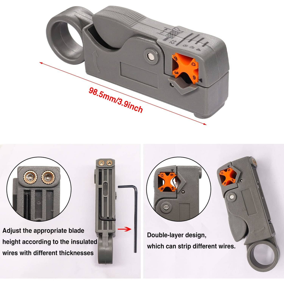 Gray coaxial BNC crimp tool with orange die insert and adjustable stripping head