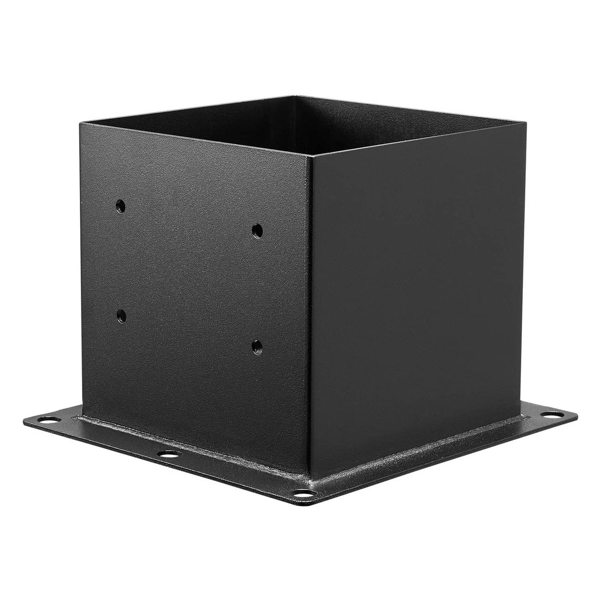 4x4 wood fence post base bracket, square black steel with four mounting holes