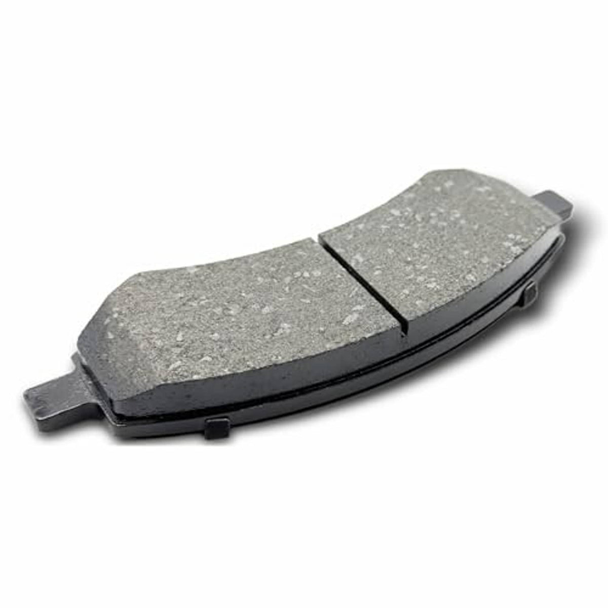Ceramic brake pad set, grey friction material with metal clips, pair view