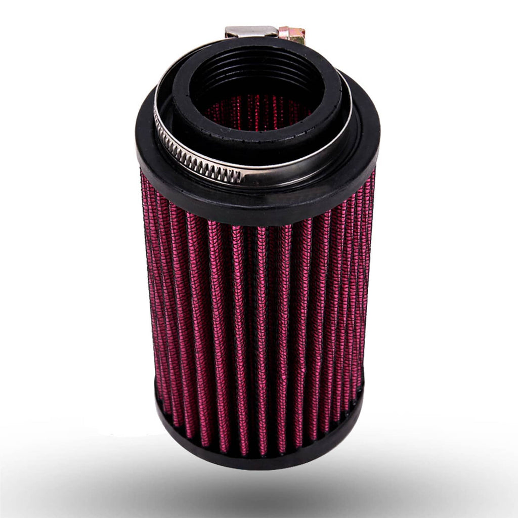 Air filter cartridge with black threaded center and red pleated mesh, top view