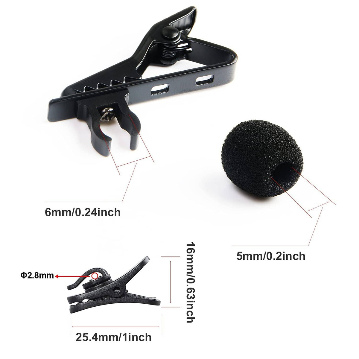 Black lapel mic clip with foam windscreen, shown with size measurements