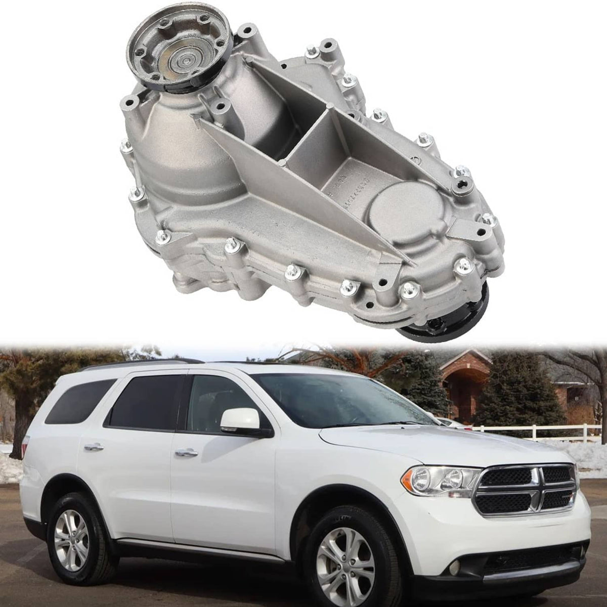 Transfer case assembly, silver aluminum body with round cover opening and bolts