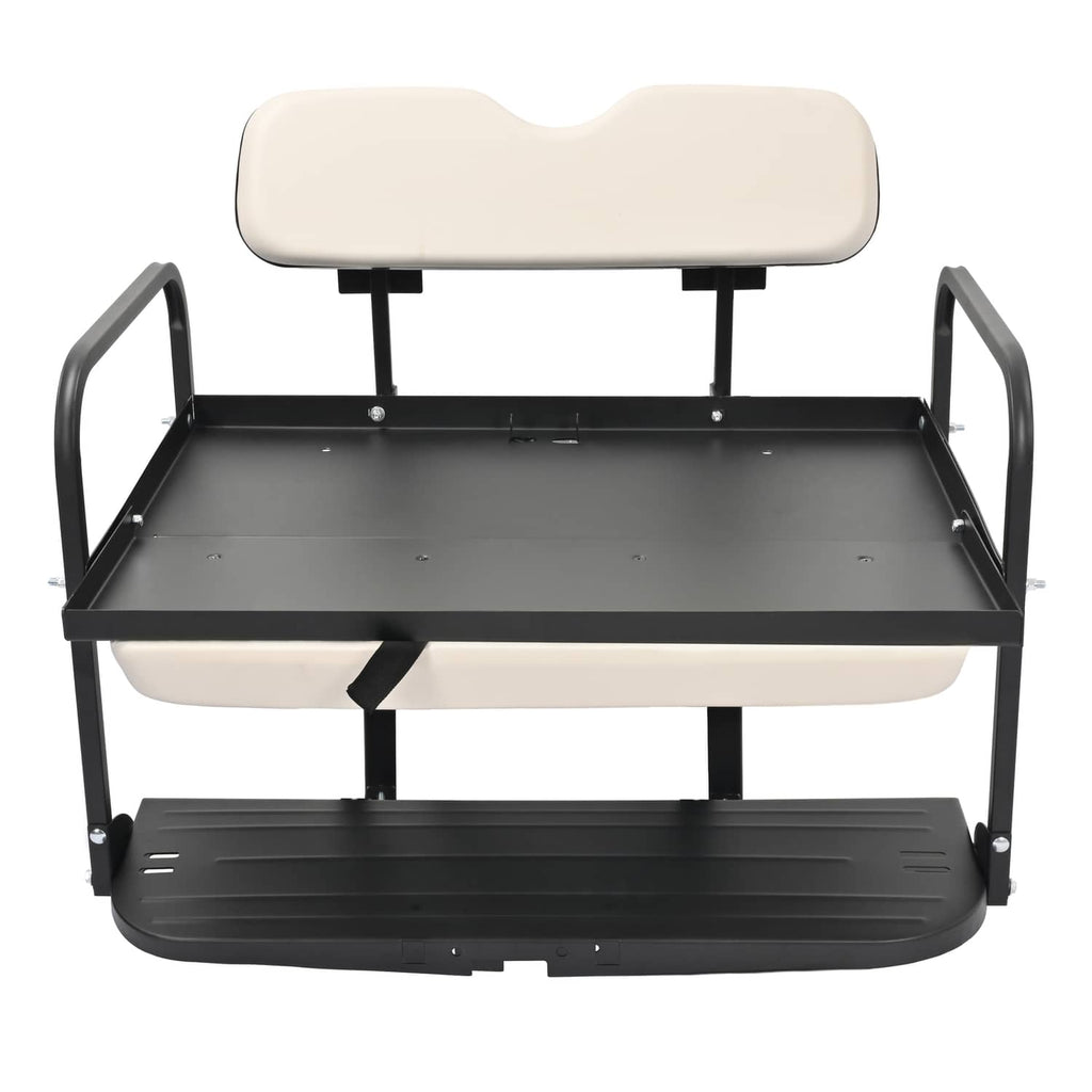 Folding rear flip back seat for golf cart with off-white top cushion and black base