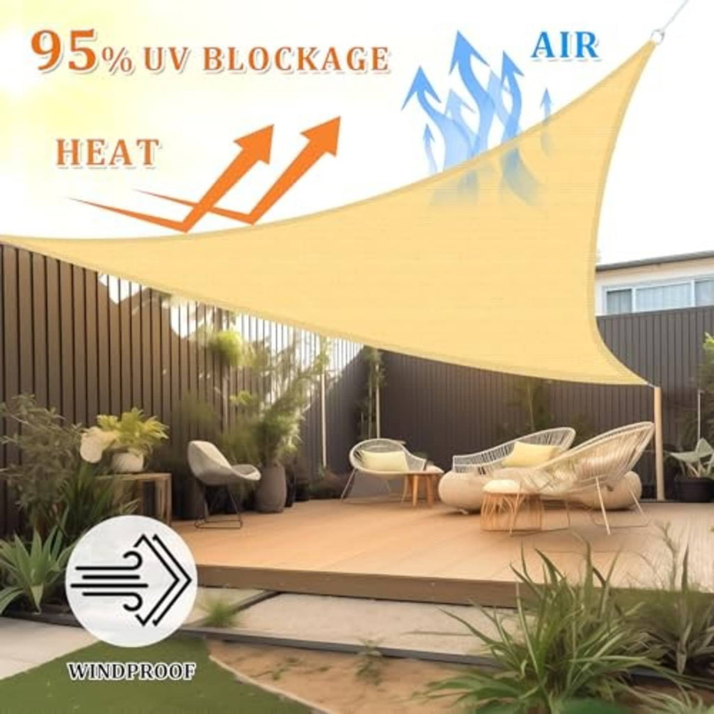 Sand beige triangle shade sail canopy over outdoor seating area