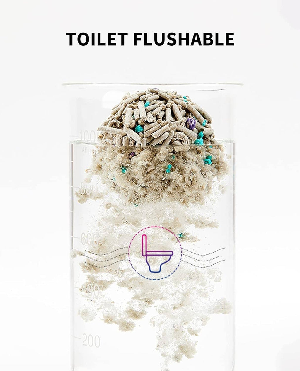 Flushable clumping mixed cat litter clump dispersing in a water container