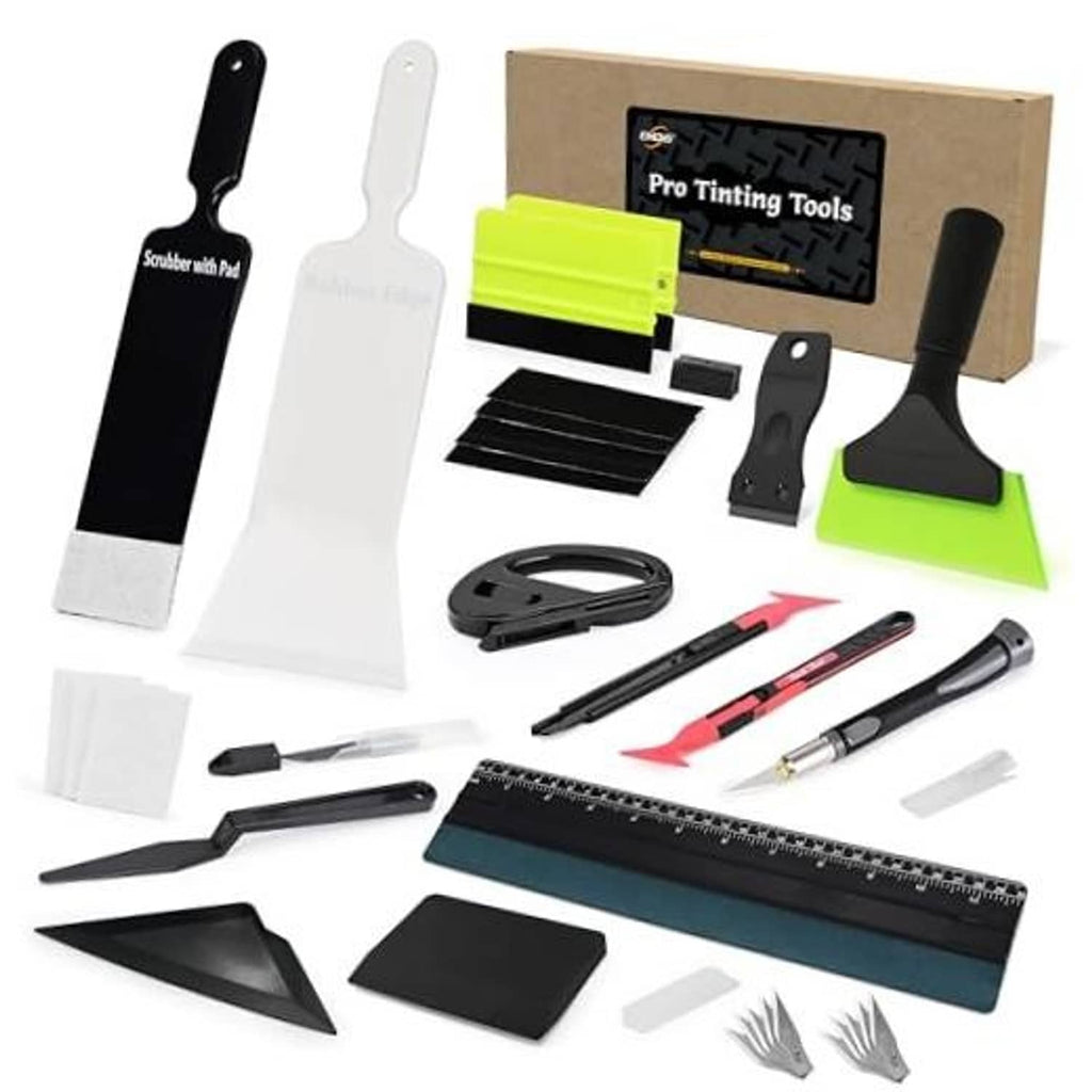 Vinyl wrap tool kit with squeegees, scrapers, and cutting tools in assorted colors