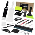 Vinyl wrap tool kit with squeegees, scrapers, and cutting tools in assorted colors