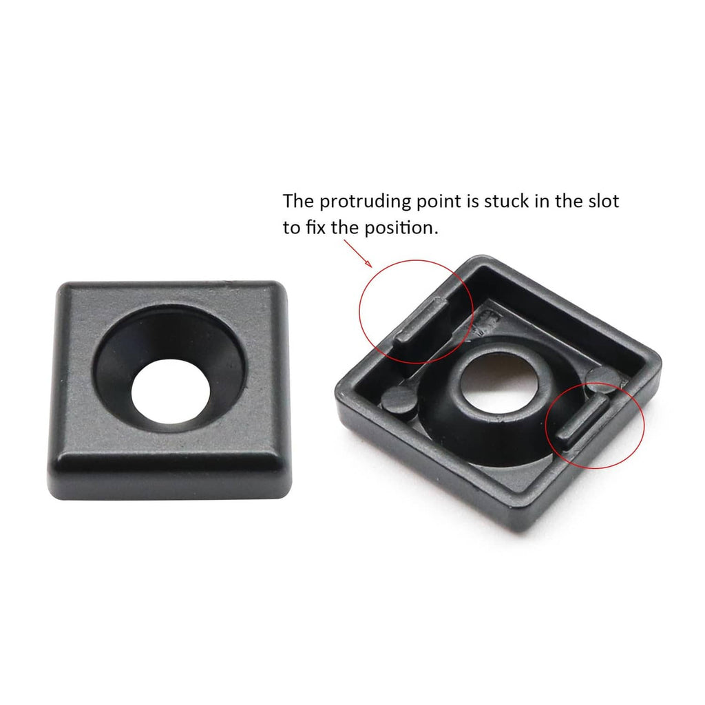 Black T-slot end cap bracket with through hole, seated in the extrusion slot