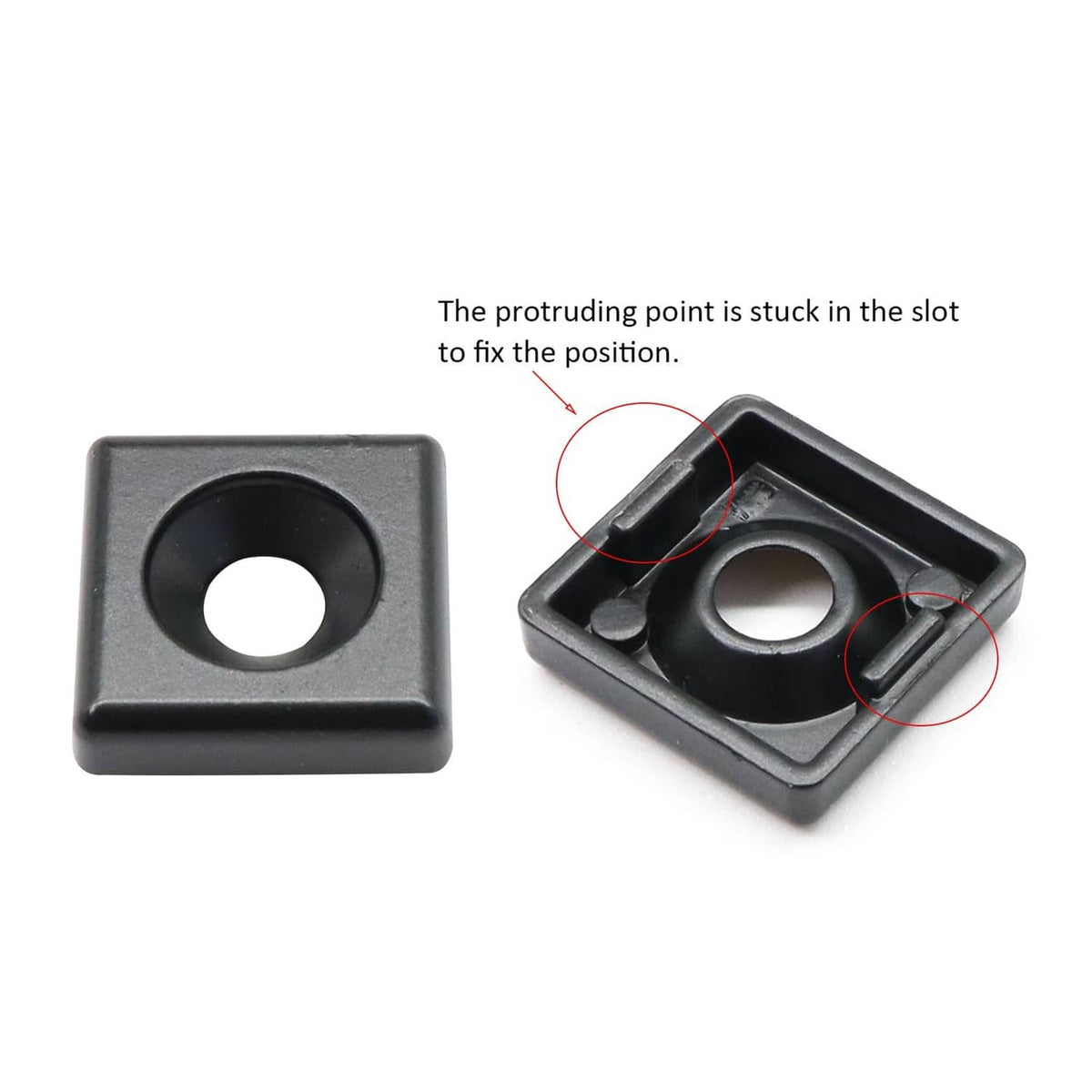 Black T-slot end cap bracket with through hole, seated in the extrusion slot