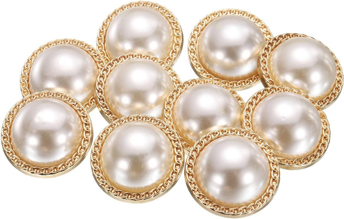 Set of round pearl-look gold sewing buttons with braided gold rim