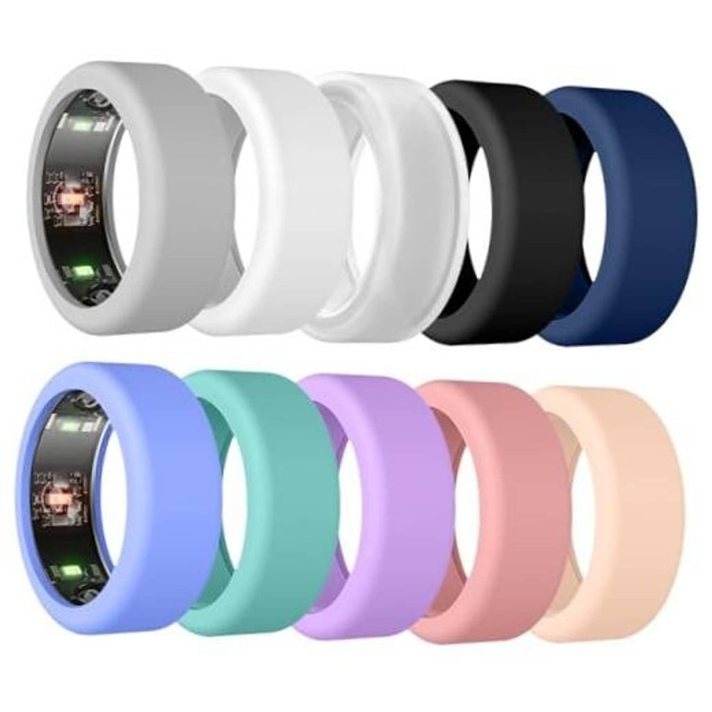 10 pack silicone ring covers in assorted colors, including white, black, blue, purple, and pink