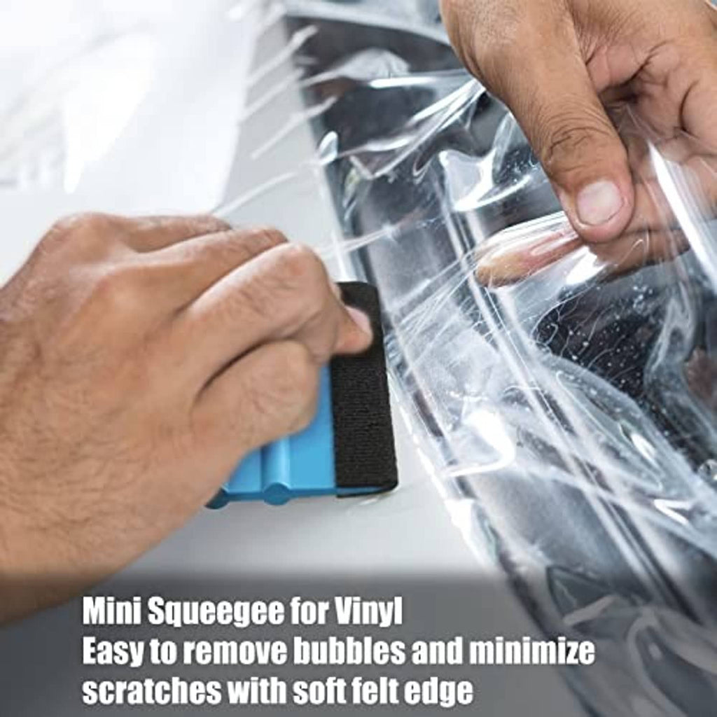 Vinyl squeegee with blue handle and black felt edge, smoothing plastic wrap