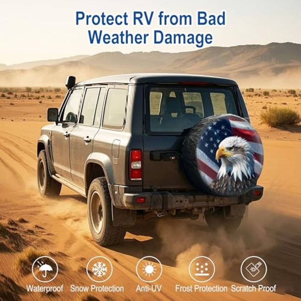 RV rear spare tire cover featuring bald eagle on American flag