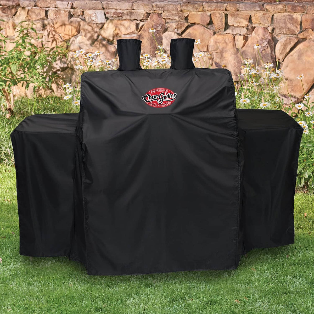 Black grill cover with Char-Griller logo, side panels, and tall handle openings.
