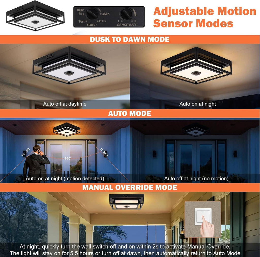 Black LED flush mount outdoor ceiling light with adjustable motion sensor modes