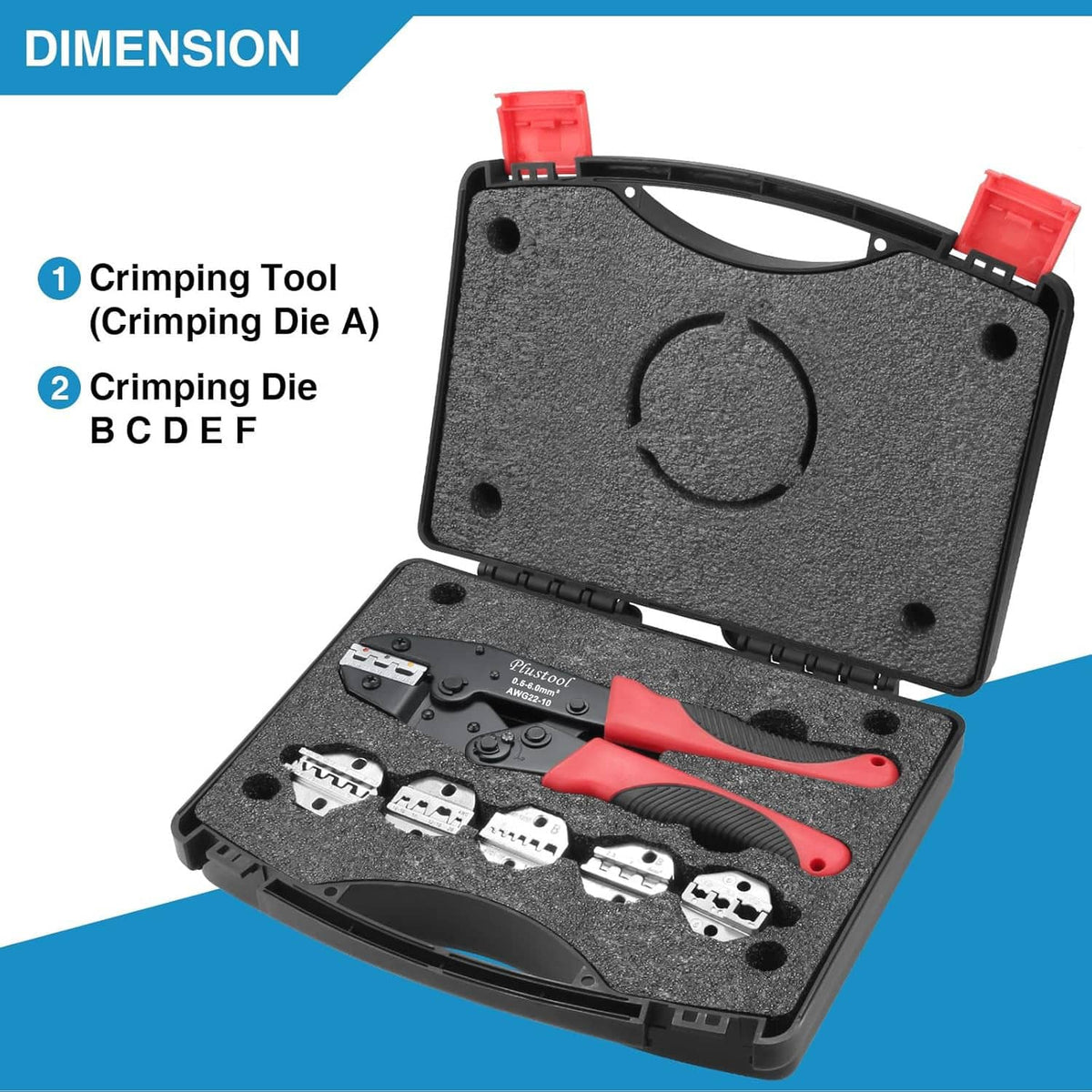 Wire crimping tool kit case with red-and-black ratcheting crimper and die inserts