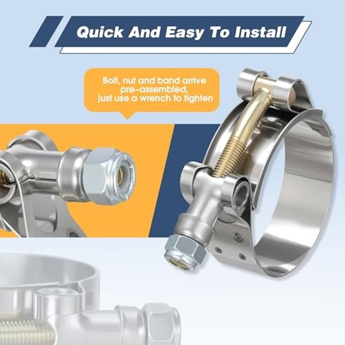 T-bolt hose clamp with pre-assembled bolt, nut, and band for easy installation