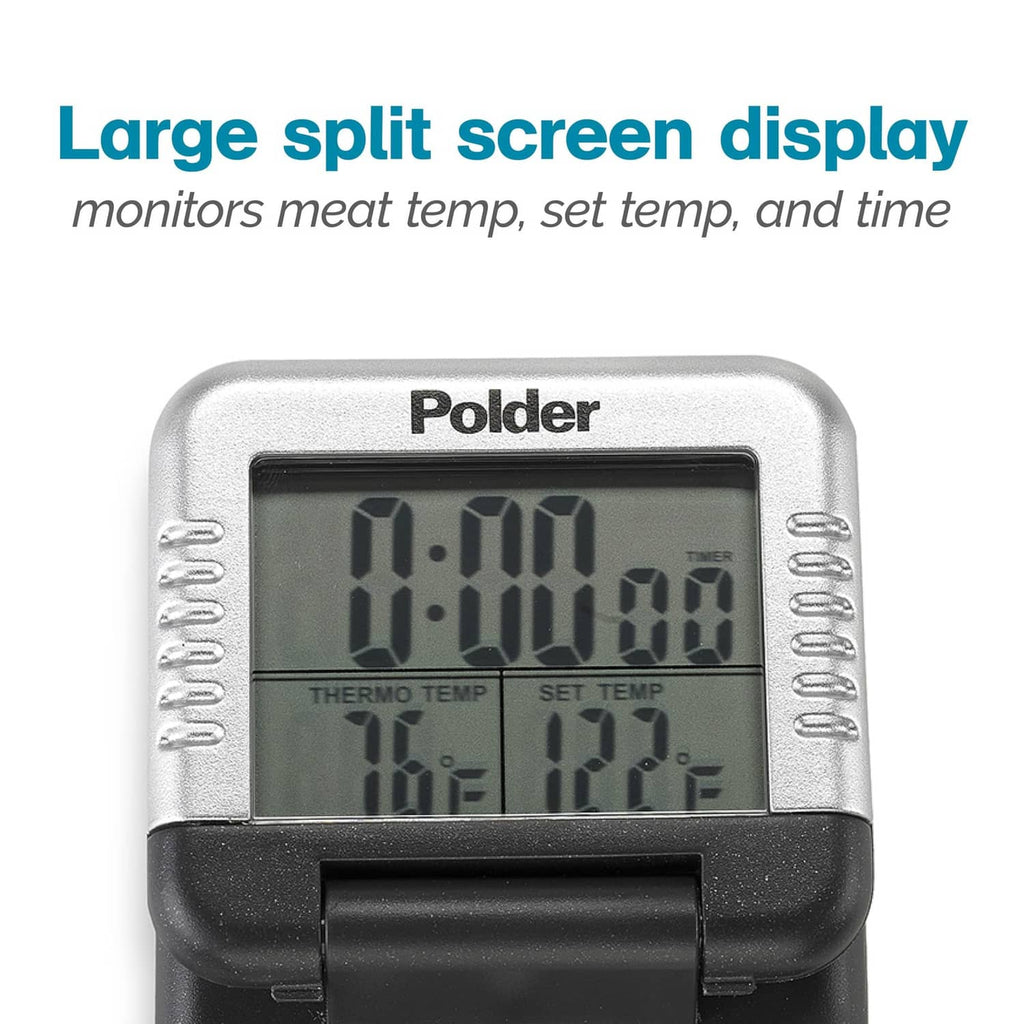 Close-up of Polder split-screen digital thermometer display for temp, set temp, and time