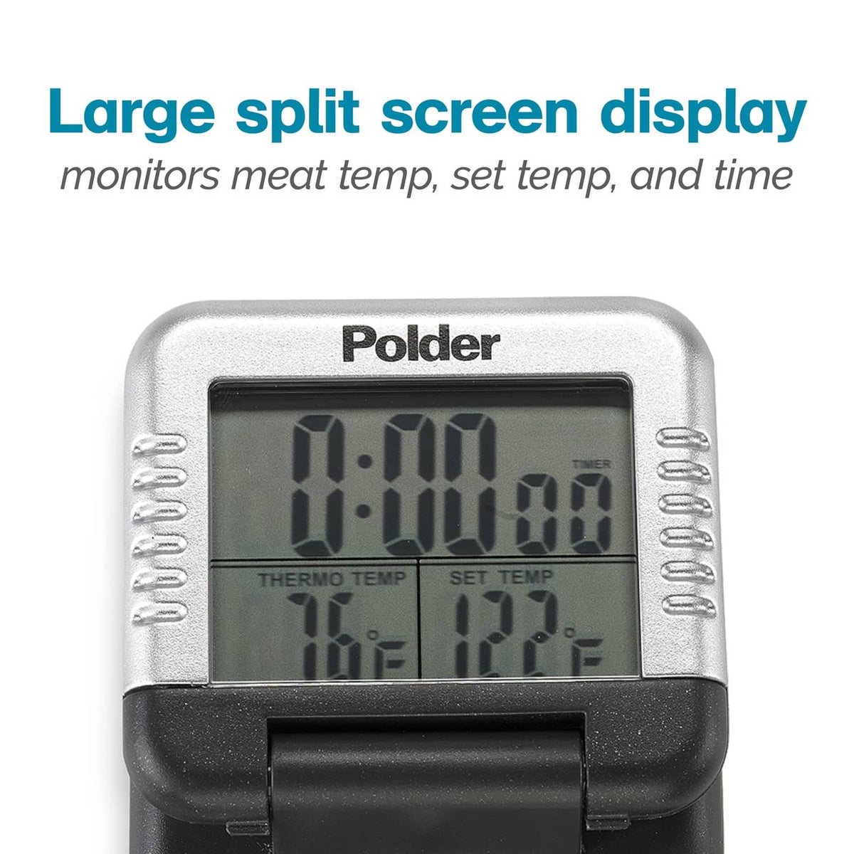 Close-up of Polder split-screen digital thermometer display for temp, set temp, and time