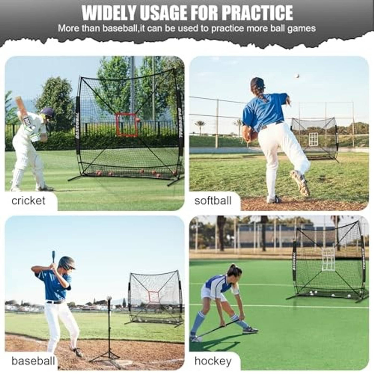 Portable practice net on sports fields, black frame with white mesh for multiple drills