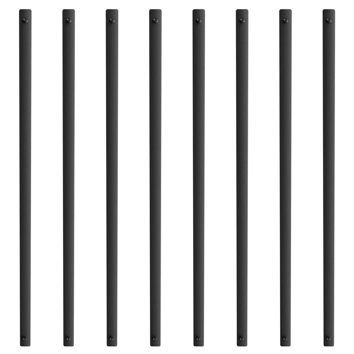Matte black aluminum deck balusters, close-up set of vertical spindles