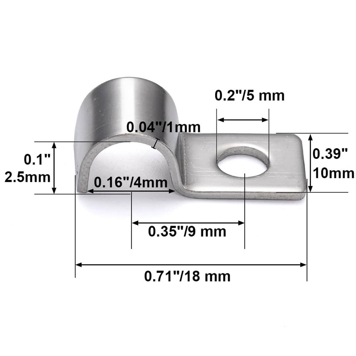 One-hole pipe clamp with size measurements shown in diagram, silver metal strap