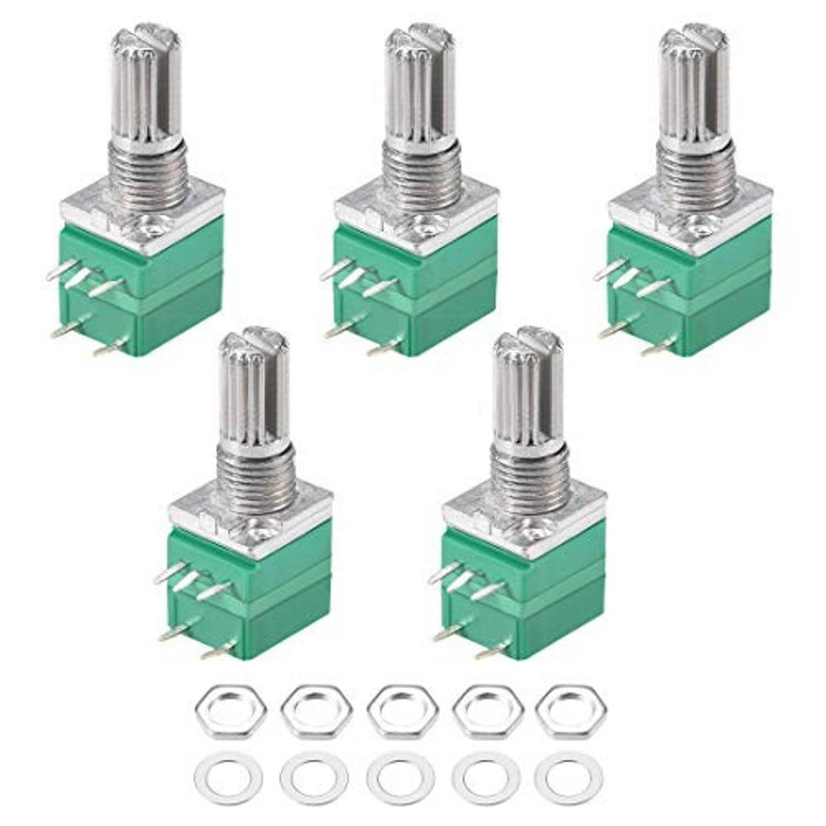 Green rotary potentiometers with switch, metal shafts, plus hex nuts and washers